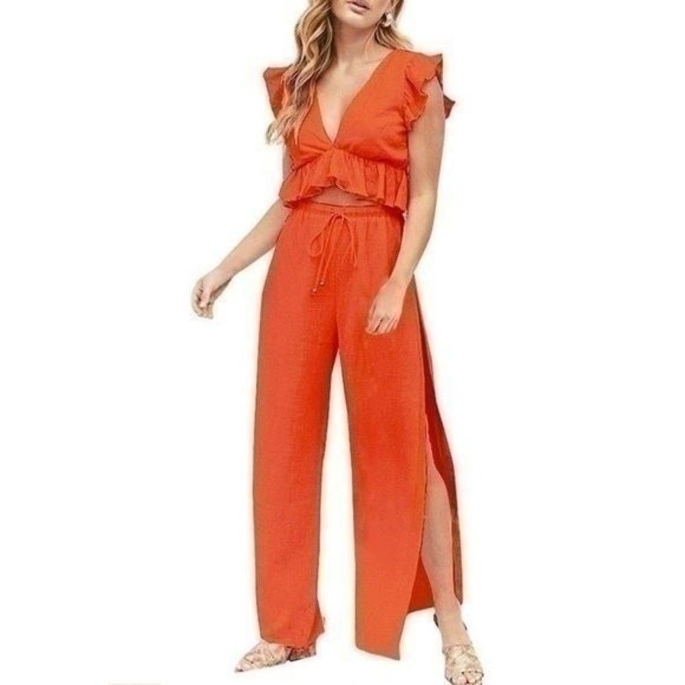 Boho Deep V Neck Orange Crop Top Side Slit Drawstring Pants Set Size XL 4 0039